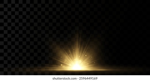 The effect of a bright golden flash of light on a transparent background with rays and glare. Light yellow light blur effect. 