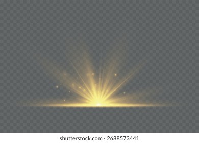El efecto de un destello de luz dorado brillante sobre un fondo transparente con rayos y resplandor. Efecto de desenfoque de luz amarillo claro. Ilustración vectorial 10 EPS para Diseño web