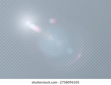 The effect of bright sunlight. A bright flash of light reflections on a transparent background. The effect of bright light from the refraction of light reflections.