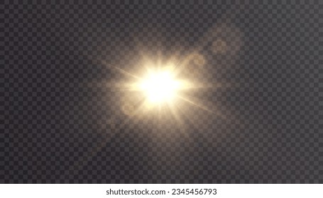 The effect of bright sunlight. Twinkling gold star on a transparent background.Bright light effect.	