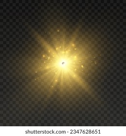 The effect of bright sunlight. Twinkling gold star on a transparent background.Bright light effect.	