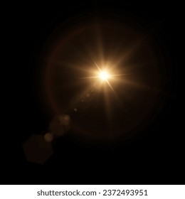 The effect of bright sunlight. Twinkling gold star on a transparent background.Bright light effect.	
