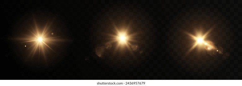 The effect of bright sunlight. Twinkling gold star on a transparent background.Bright light effect.	