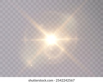 The effect of bright sunlight. Twinkling gold star on a transparent background.Bright light effect.	