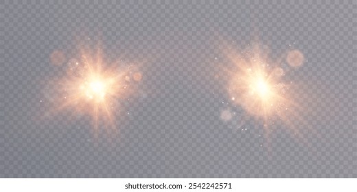 The effect of bright sunlight. Twinkling gold star on a transparent background.Bright light effect.	
