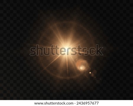 The effect of bright sunlight. Twinkling gold star on a transparent background.Bright light effect.	