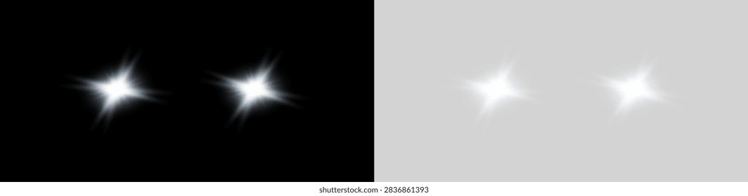 Effect of car headlights turned on at night. Realistic locomotive light, glowing lights by night and day; vector, PNG.