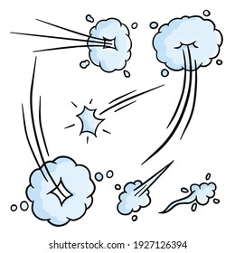 Effect Of Comic Speed. Funny Cloud Of Movement. Bubble Cloud. Track And Trace. Cartoon Black And White Illustration. Set Of Funny Smoke And Steam.