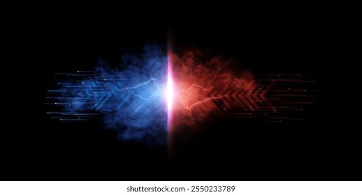 El efecto de la confrontación y la colisión de la energía de la luz de resplandor azul y rojo con relámpagos y destellos y humo. Abstractas efecto de luz. Vector