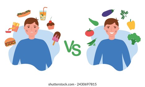 The effect of diet on a person's weight. Young man before and after diet and fitness. Vector illustration of two men eating healthy and eating Fast food. Weight loss concept. Fat and thin man. 