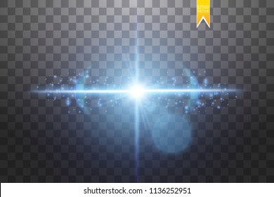 Effect of the explosion, flying in different directions of the particles, glow blue lens. Vector illustration Star flash. Blue rays and sparks on a transparent background
