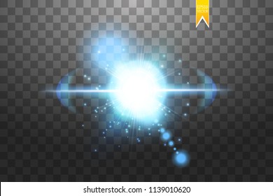 Effect of the explosion, flying in different directions of the particles, glow blue lens. Vector illustration Star flash. Blue rays and sparks on a transparent background