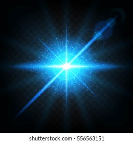 Effect of the explosion, flying in different directions of the particles, glow blue lens. Vector illustration Star flash. Blue rays and sparks on a dark transparent background.