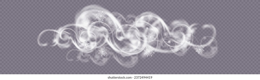 The effect of a fabulous magical winter snowstorm. Christmas snow background. Wind swirl with snowflakes and shimmering effects. Snow storm concept. Vector