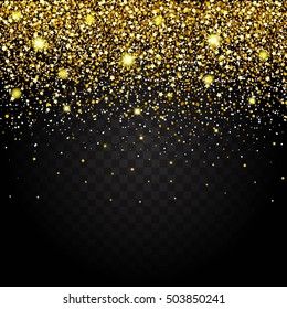 Effect of flying parts gold glitter luxury rich design background. Dark background effect. Stardust spark the explosion on a transparent background. Luxury. Vector illustration.