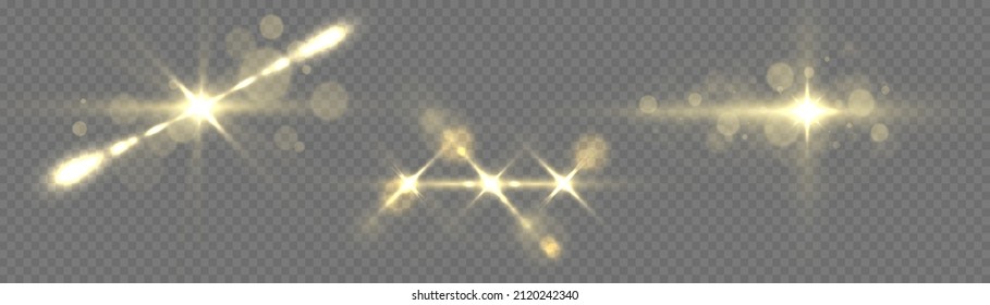 Effect glare, lines, yellow explosion. Shining star, sun particles and sparks with highlight effect, golden lights bokeh glitter and sequins. Transparent golden light flare and sparkles set, vector.