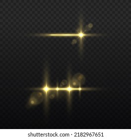 Effect glare, lines, yellow explosion. Shining star, sun particles and sparks with highlight effect, golden lights bokeh glitter and sequins. Transparent golden light flare and sparkles set, vector.
