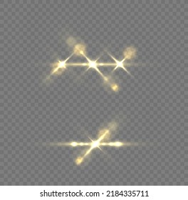 Effect glare, lines, yellow explosion. Shining star, sun particles and sparks with highlight effect, golden lights bokeh glitter and sequins. Transparent golden light flare and sparkles set, vector.