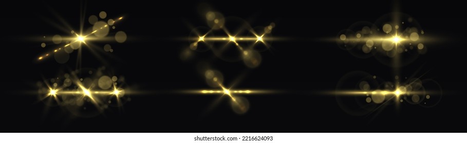 Effect glare, lines, yellow explosion. Shining star, sun particles and sparks with highlight effect, golden lights bokeh glitter and sequins. Transparent golden light flare and sparkles set, vector.