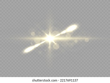 Effect glare, lines, yellow explosion. Shining star, sun particles and sparks with highlight effect, golden lights bokeh glitter and sequins. Transparent golden light flare and sparkles set, vector.
