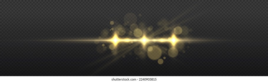 Effect glare, lines, yellow explosion. Transparent golden light flare and sparkles set. Shining star, sun particles and sparks with highlight effect, golden lights bokeh glitter and sequins, vector.