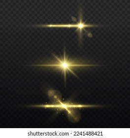 Effect glare, lines, yellow explosion. Transparent golden light flare and sparkles set. Shining star, sun particles and sparks with highlight effect, golden lights bokeh glitter and sequins, vector.