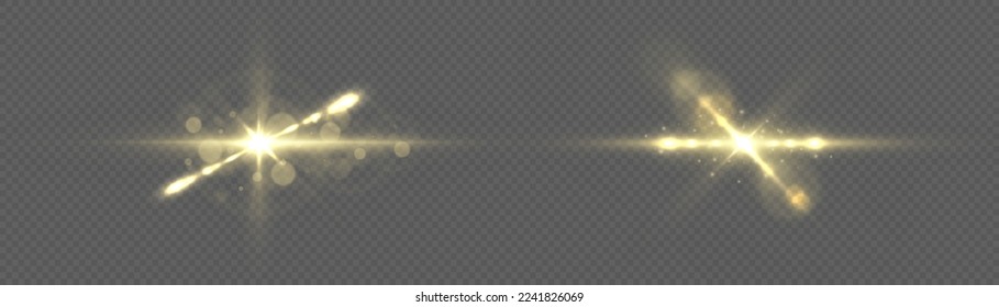 Effect glare, lines, yellow explosion. Transparent golden light flare and sparkles set. Shining star, sun particles and sparks with highlight effect, golden lights bokeh glitter and sequins, vector.