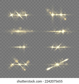 Effect glare, lines, yellow explosion. Transparent golden light flare and sparkles set. Shining star, sun particles and sparks with highlight effect, golden lights bokeh glitter and sequins, vector.