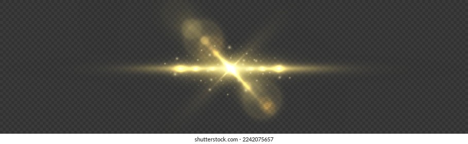 Effect glare, lines, yellow explosion. Transparent golden light flare and sparkles set. Shining star, sun particles and sparks with highlight effect, golden lights bokeh glitter and sequins, vector.
