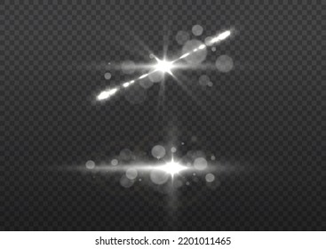 Effect glare, sun lens rays. Shining star explosion, sun particles blur and sparks with highlight effect, white lights bokeh glitter and sequins. Transparent light flare and sparkles lines set, vector