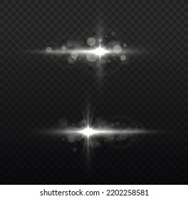 Effect glare, sun lens rays. Shining star explosion, sun particles blur and sparks with highlight effect, white lights bokeh glitter and sequins. Transparent light flare and sparkles lines set, vector