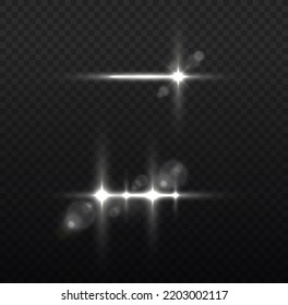Effect glare, sun lens rays. White lights bokeh glitter and sequins. Shining star explosion, sun particles blur and sparks with highlight effect. Transparent light flare and sparkles lines set, vector
