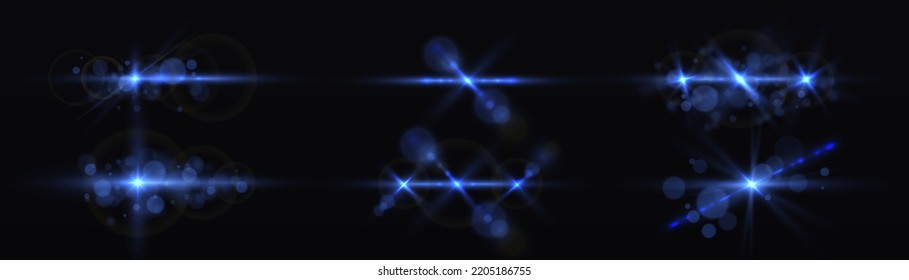 Resplandor de efecto, rayos de lente solar. Las luces azules rompen el brillo y las secuencias. Explosión estelar brillante, partículas solares borrosas y chispas con efecto resaltante. Conjunto de líneas de destello y destellos transparentes, vector
