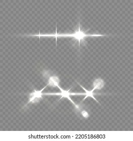 Effect glare, sun lens rays. White lights bokeh glitter and sequins. Shining star explosion, sun particles blur and sparks with highlight effect. Transparent light flare and sparkles lines set, vector