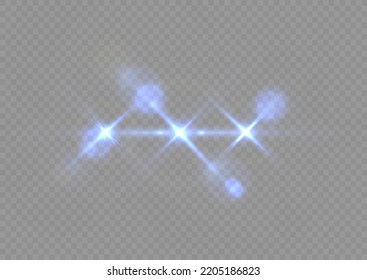 Effect glare, sun lens rays. Blue lights bokeh glitter and sequins. Shining star explosion, sun particles blur and sparks with highlight effect. Transparent light flare and sparkles lines set, vector