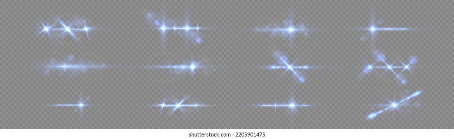 Effect glare, sun lens rays. Blue lights bokeh glitter and sequins. Shining star explosion, sun particles blur and sparks with highlight effect. Transparent light flare and sparkles lines set, vector