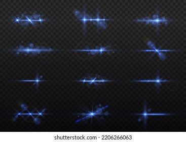 Effect glare, sun lens rays. Blue lights bokeh glitter and sequins. Shining star explosion, sun particles blur and sparks with highlight effect. Transparent light flare and sparkles lines set, vector