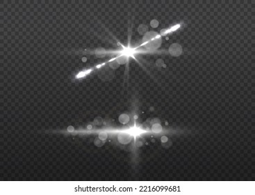 Resplandor de efecto, rayos de lente solar. Las luces blancas rompen el brillo y las secuencias. Se establecen líneas de destellos y luces transparentes. Explosión estelar brillante, partículas solares borrosas y chispas con efecto de resaltado, vector