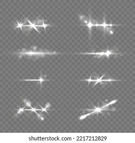 Resplandor de efecto, rayos de lente solar. Las luces blancas rompen el brillo y las secuencias. Se establecen líneas de destellos y luces transparentes. Explosión estelar brillante, partículas solares borrosas y chispas con efecto de resaltado, vector