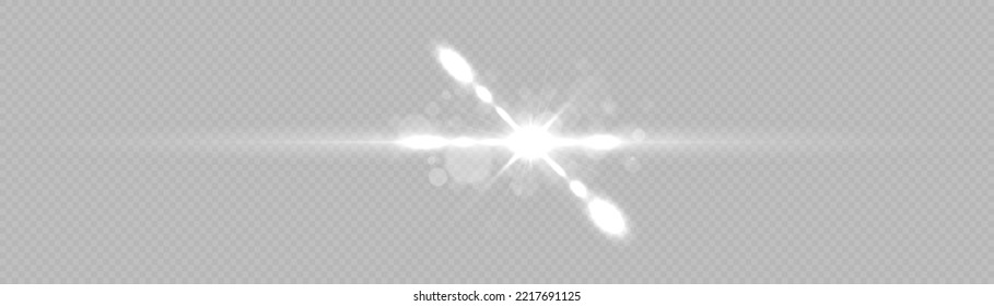 Effect glare, sun lens rays. White lights bokeh glitter and sequins. Transparent light flare and sparkles lines set. Shining star explosion, sun particles blur and sparks with highlight effect, vector