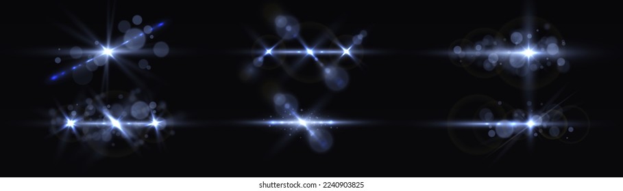 Effect glare, sun lens rays. Shining star explosion, sun particles blur and sparks with highlight effect. Blue lights bokeh glitter and sequins. Transparent light flare and sparkles lines set, vector