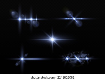 Effect glare, sun lens rays. Shining star explosion, sun particles blur and sparks with highlight effect. Blue lights bokeh glitter and sequins. Transparent light flare and sparkles lines set, vector