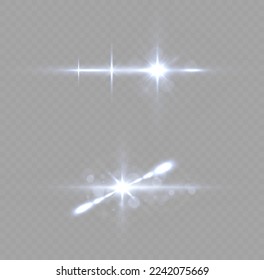 Effect glare, sun lens rays. Shining star explosion, sun particles blur and sparks with highlight effect. Blue lights bokeh glitter and sequins. Transparent light flare and sparkles lines set, vector