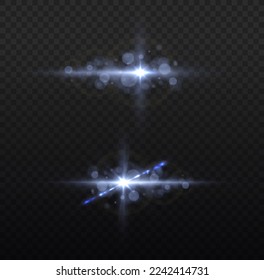 Effect glare, sun lens rays. Shining star explosion, sun particles blur and sparks with highlight effect. Blue lights bokeh glitter and sequins. Transparent light flare and sparkles lines set, vector