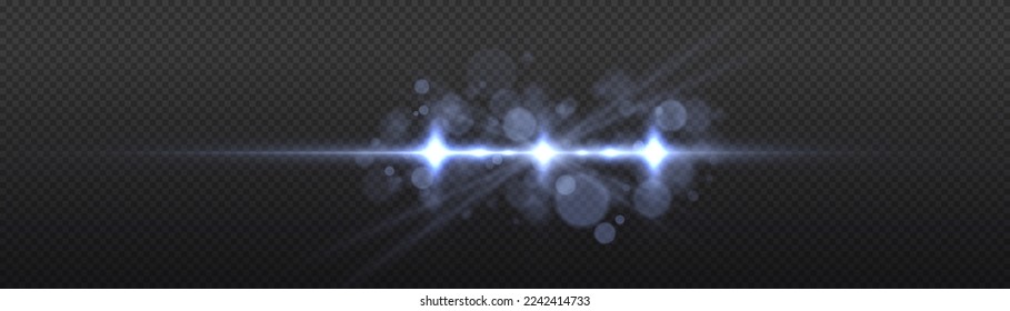 Effect glare, sun lens rays. Shining star explosion, sun particles blur and sparks with highlight effect. Blue lights bokeh glitter and sequins. Transparent light flare and sparkles lines set, vector