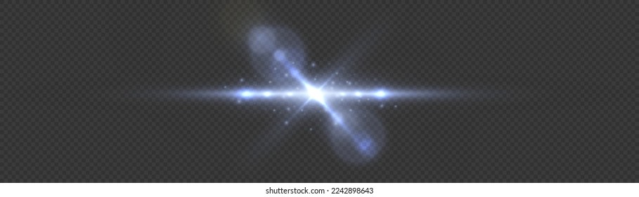 Effect glare, sun lens rays. Shining star explosion, sun particles blur and sparks with highlight effect. Blue lights bokeh glitter and sequins. Transparent light flare and sparkles lines set, vector