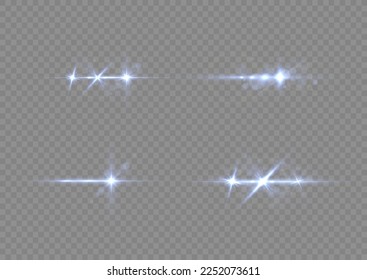 Resplandor de efecto, rayos de lente solar. Las luces azules rompen el brillo y las secuencias. Explosión estelar brillante, partículas solares borrosas y chispas con efecto resaltante. Conjunto de líneas de destello y destellos transparentes, vector