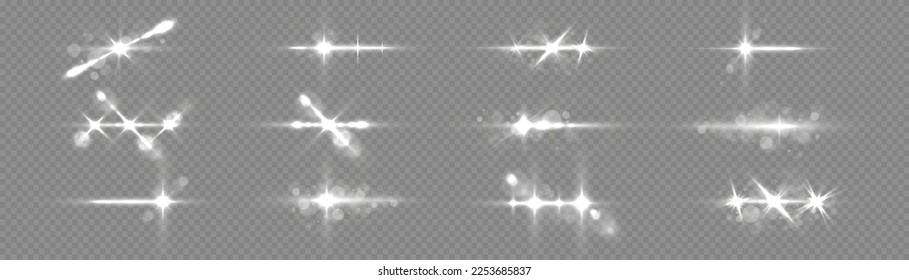 Effect glare, sun lens rays. White lights bokeh glitter and sequins. Shining star explosion, sun particles blur and sparks with highlight effect. Transparent light flare and sparkles lines set, vector