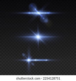Effect glare, sun lens rays. Blue lights bokeh glitter and sequins. Shining star explosion, sun particles blur and sparks with highlight effect. Transparent light flare and sparkles lines set, vector