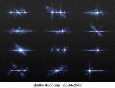 Effect glare, sun lens rays. Blue lights bokeh glitter and sequins. Shining star explosion, sun particles blur and sparks with highlight effect. Transparent light flare and sparkles lines set, vector
